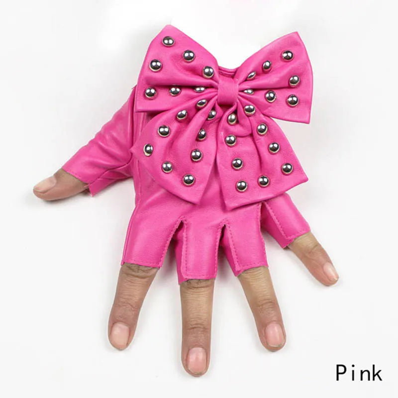 Fashion Fingerless Women's PU Leather Gloves/Big Bow Rivet Half Finger Mittens