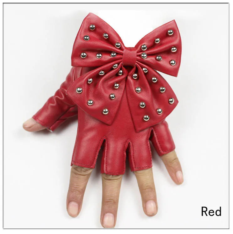 Fashion Fingerless Women's PU Leather Gloves/Big Bow Rivet Half Finger Mittens