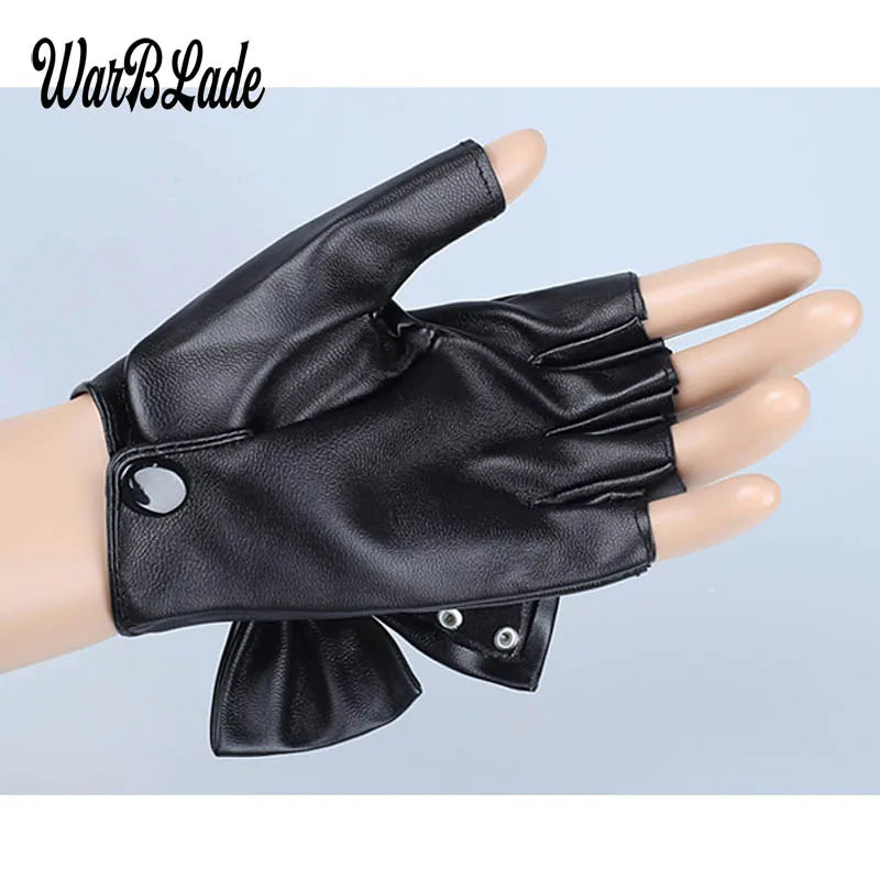 Fashion Fingerless Women's PU Leather Gloves/Big Bow Rivet Half Finger Mittens