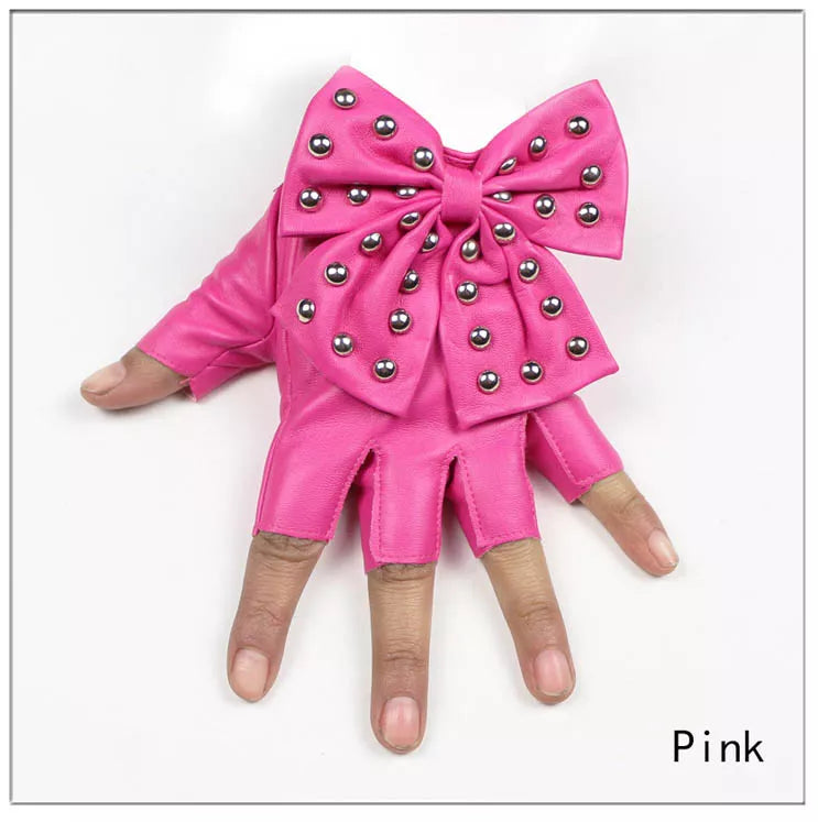 Fashion Fingerless Women's PU Leather Gloves/Big Bow Rivet Half Finger Mittens