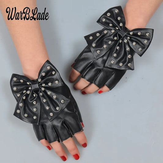 Fashion Fingerless Women's PU Leather Gloves/Big Bow Rivet Half Finger Mittens