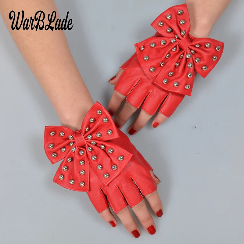 Fashion Fingerless Women's PU Leather Gloves/Big Bow Rivet Half Finger Mittens