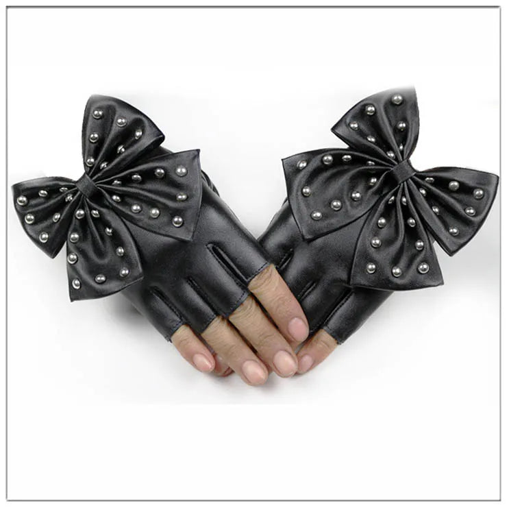 Fashion Fingerless Women's PU Leather Gloves/Big Bow Rivet Half Finger Mittens