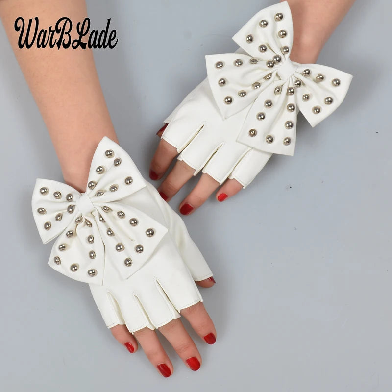 Fashion Fingerless Women's PU Leather Gloves/Big Bow Rivet Half Finger Mittens